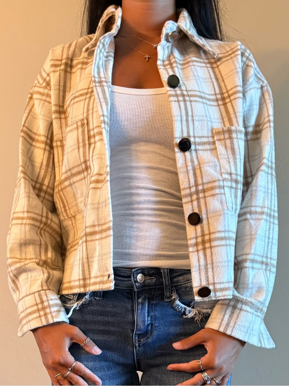 Amazon Cropped Cream and Tan Plaid Button-Down Shacket